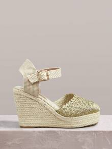 Styleloop Giày cao gót đế xuồng dệt từ dây gai dầu và rơm, quai ngang mắt cá chân màu vàng, giày sandal đế xuồng kiểu Boho phù hợp cho đi chơi, nghỉ mát, hẹn hò hàng ngày, đi biển, du lịch, phong cách thường ngày với giày nữ. - Vàng - Xem 6