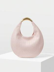MOTF WOMEN'S FASHION LIGHT PINK WOVEN HANDBAG, EXQUISITE HARDWARE HANDLE, SIMPLE VACATION ROUND BAG, SUITABLE FOR DAILY, COMMUTING, SUMMER VACATION, TRAVEL, PARTIES, WEDDINGS, DRESS MATCHING - Light pink 1 - View 3