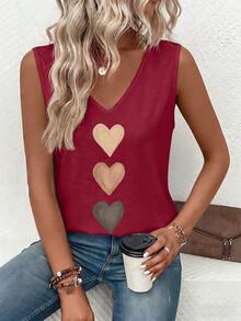 EMERY ROSE Nuevo top de tirantes casual y versátil con cuello en V y estampado de corazón degradado para mujer, primavera/verano - Burdeos - Ver 4