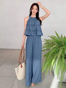 DAZY Spring Summer Blue Solid Color Ruffle Trim Sleeveless Top & Wide Leg Pants Women 2 Pieces Set - Blue - View 4