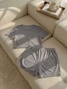 Resyla Áo lưới xuyên thấu trễ vai & quần short Bộ PJ / Bộ Pyjama không có lớp lót - Xám - Xem 2