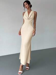 xheFirerie Vestido largo elegante sin espalda con cintura anudada, vestido de gala sin mangas con cuello drapeado en color albaricoque para uso diario en verano y otoño, vacaciones, fiestas, graduación, vuelta al colegioxhe - Albaricoque - Ver 6
