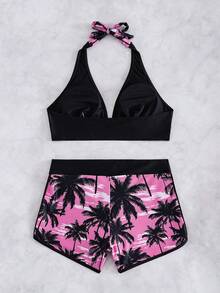 SHEIN Swim Conjunto de bikini de mujer con estampado de árbol de coco para playa de verano (estampado aleatorio) - Rosa - Ver 6