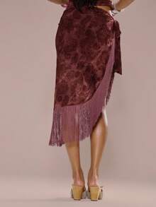 MUSERA Devore Paisley Print Fringe Sarong Tie Side Skirt Only Summer Holiday Vacation Beach Ibiza Cute Festival Elegant Sexy Cherry Moon Burgundy Red - Burgundy - View 4