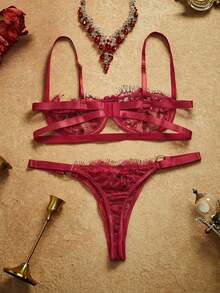 PinupPomp Conjunto de Lingerie Sexy com Sutiã Com Arame e Calcinha de Renda Floral - Vinho - Visão 2