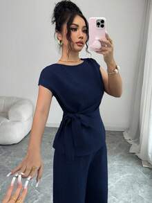 Elenzga 女士优雅通勤休闲蓝色褶皱可调节腰带蝴蝶结衬衫 + 女士优雅通勤休闲收腰口袋设计宽松阔腿裤 - 藍色 - 查看 4