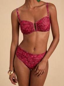 Travachic Bộ bikini mùa hè in họa tiết retro dành cho nữ - Đỏ - Xem 6