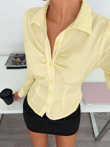 Siren Gaze Blusa de manga larga con botones y pliegues de unicolor para mujer - Amarillo claro - Ver 5