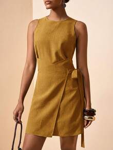 xheZivah Nuevo vestido mini de mujer de lino marrón de cuello redondo sin mangas con envoltorio para primavera/verano 2026. Adecuado para uso diario, vacaciones, estilo bohemio, playa, fiesta, invitado de boda, atuendo de aeropuerto, brunch, viajes, vacaciones, té de la tarde y compras.xhe - Mostaza Amarilla - Ver 6