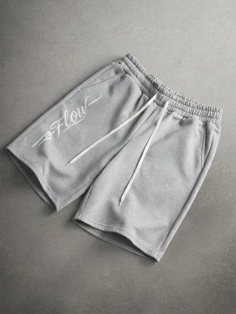 Manfinity Hypemode Men's Casual Street Style One-Piece Sweatpants, Short Knit Sweatpants, Elastic Drawstring Waistband, Street Style, Comfortable And Warm, Simple Slogan - Light Grey - View 1