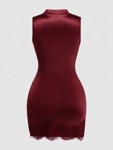 Vestido de mujer de satén con cuello alto sin mangas, cintura plisada, forma asimétrica y sexy, con adorno de encaje. Vestido de satén para mujer, vestido de verano para mujer, vesti - Burdeos - Ver 11