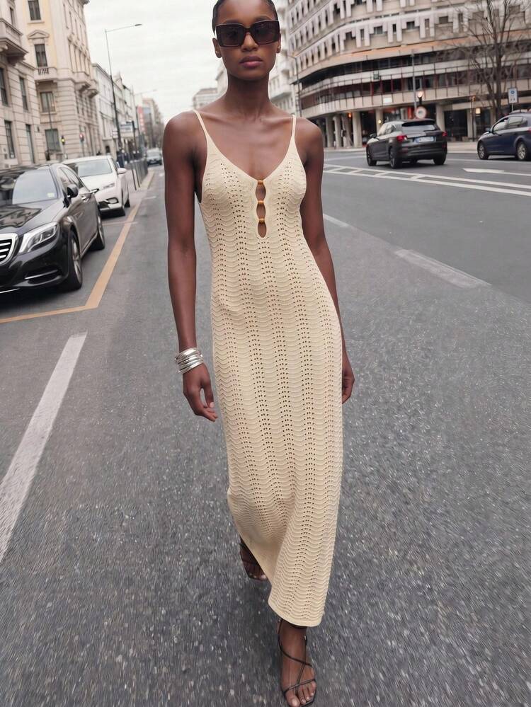 SHEIN Maija MAIJA Women's Crochet Cutout V-Neck Spaghetti Strap Dress,Light Beige,Autumn,Casual,Vacation,Holiday Bead Clasp Body Fitting Boho Beach Summer Outfits