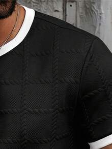 Manfinity Homme Plus Size White Textured Knit T-Shirt Set, The Pants Cuffs And Hem Are Accented In Black To Complement The Overall Design - Black - View 7