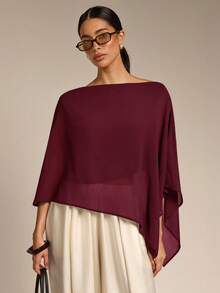 COSMINA Solid Color Casual Versatile Daily Shirt, Asymmetrical Hem Summer Sun Protection, Shawl Collar 's Women's Matching, - Burgundy - View 3