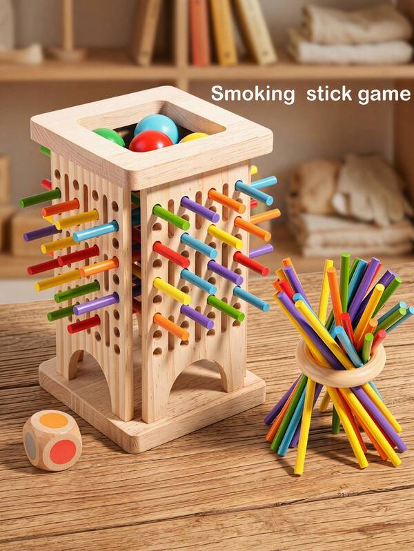 MINKOJA MINKOJA Wooden 3-In-1 Concentration Training Stick Pull Game, Kids Educational Early Learning Toy, Fun Tabletop Game, Multiplayer Interactive Balance Challenge Toy, Dice Rolling Draw Colored Sticks With Anti-Drop Ball Competitive Game, Cultivate Patience & Thinking Ability Sensory Training, Suitable For 2+ Players Battle, Family Party Board Game, Wooden Toy