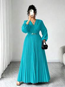 Elenzga 大尺碼女款優雅V領淺青色百褶腰裙，金屬扣飾，秋季婚禮賓客禮服，適用舞會、約會派對、秋季婚禮 - 水鴨藍 - 查看 4