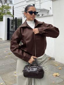 NegzBox Chaqueta de mujer de manga larga con solapa de unicolor y PU, chaqueta de cuero de otoño - Rojo - Ver 6