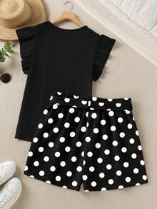EMERY ROSE Plus Size Round Neck Cap Sleeve Ruffle Trim Summer Casual Smart Casual Top And Black And White Shorts 2 Piece Set Holiday Vacation - Multicolor - View 2