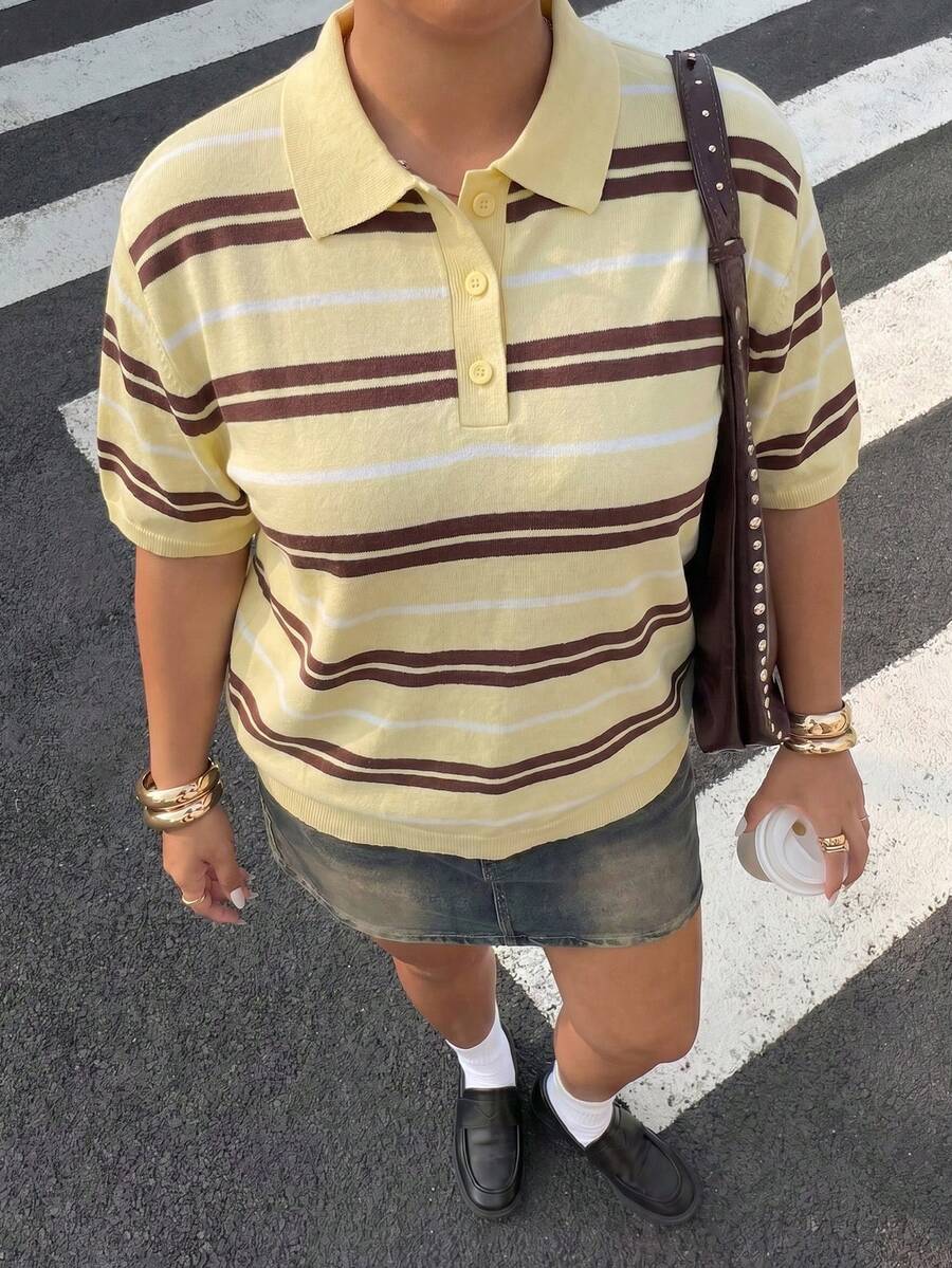 Muchica Plus Size Mustard Yellow Striped Knit Top - Pale Yellow - View 1