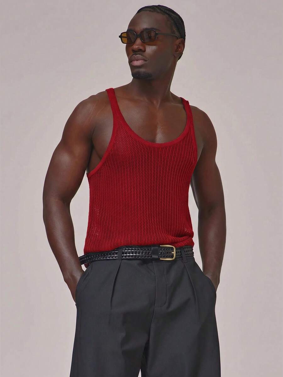 Musero Crochet Sleeveless Tank Top Circular Low Neckline Sheer Vest Spring Summer Essentials Holiday - Red - View 1