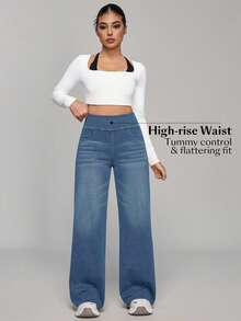 SHEIN PETITE Quần Jeans Ống Rộng Dáng Rộng Có Túi Lưng Thun Cho Nữ - Rửa nhẹ - Xem 4