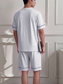 Napfluff Men's Knit Crew Neck Short Sleeve Shorts Pajama Set With Contrast Trim - Light Grey - View 2