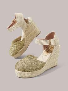 Styleloop Giày cao gót đế xuồng dệt từ dây gai dầu và rơm, quai ngang mắt cá chân màu vàng, giày sandal đế xuồng kiểu Boho phù hợp cho đi chơi, nghỉ mát, hẹn hò hàng ngày, đi biển, du lịch, phong cách thường ngày với giày nữ. - Vàng - Xem 9