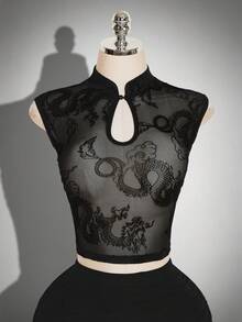 SHEIN ICON Women's Sexy Hollow Out Neck Sheer Mesh Dragon Print Fitted Cropped Sleeve T-Shirt, Autumn Club Night Black - Black - View 7