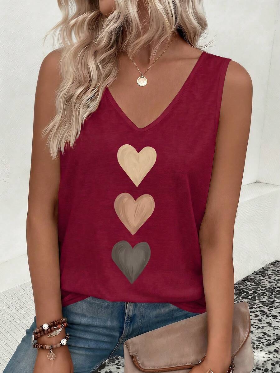 EMERY ROSE Nuevo top de tirantes casual y versátil con cuello en V y estampado de corazón degradado para mujer, primavera/verano - Burdeos - Ver 1