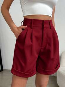 SHEIN Clasi Plus Size Women's Solid Color Pleated Pocket Casual Shorts - Burgundy - View 5