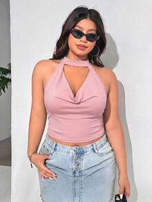 SHEIN EZwear 大码女式纯色吊带休闲百搭日常上衣 - 藕粉色 - 查看 4