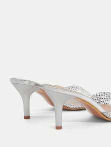 CUCCOO TILAWA Moda para mujeres, sandalias de tacón alto para mujeres, plateadas, material de TPU con pedrería, puntiagudas, para ir al trabajo, cómodas, para interiores, oficina, calle, fiesta, viajes, vacaciones, primavera y verano, adecuadas para vestidos, jeans, shorts, pantuflas de tacón de aguja - Plateado - Ver 6