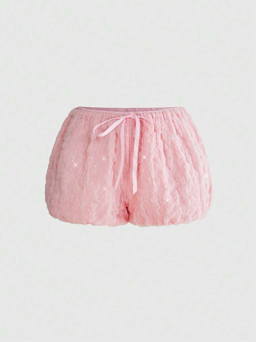 ROMWE Kawaii Shorts de malla con flores dulces y versátiles para mujer, primavera/verano - Rosa - Ver 1