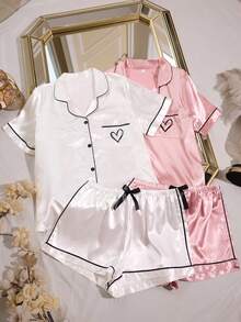 MuseNap CURVE 2 pièces Ensemble de pyjama pour femmes grande taille en faux soie avec poche brodée en forme de cœur et manches courtes - Multicolore - Voir 4