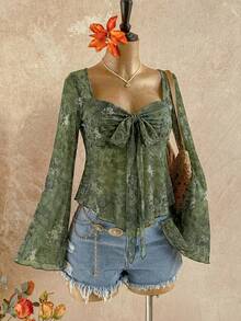 Soleia Trang phục nữ mùa thu, đi nghỉ mát, tốt nghiệp, tựu trường, áo kiểu babydoll cổ chữ V tay dài in họa tiết hoa paisley. - màu xanh lá - Xem 4