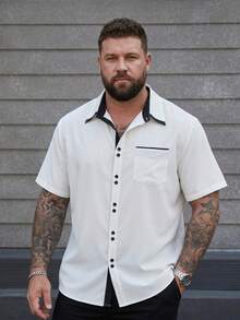 DRIVNCORE Plus Size Men's Casual Contrast Trim Short Sleeve Shirt, Summer - White - View 3