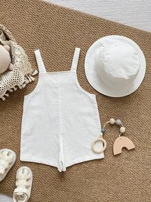 PrepCrw 2pcs Unisex Newborn Baby Boy/Girl Casual Versatile White Romper With Bib Overalls And Sun Hat Set, Suitable For Spring/Summer Daily Outings - White - View 4