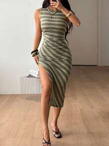 SHEIN EZwear Đầm ôm sát không tay cổ tròn xếp ly kẻ sọc dành cho nữ - Nhiều màu - Xem 8