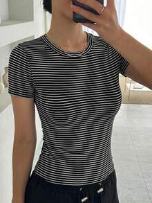 DAZY Women Striped Crew Neck Fitted Undershirt - Black and White - View 3