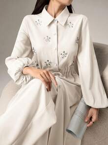 Modelyn Women's Rhinestone Decor Drawstring Waist Long Sleeve Long Shirt And Pants Casual 2-Piece Set - Apricot - View 3