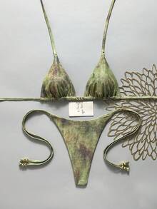Swim Vcay 女款夏季海灘度假塗鴉印花掛脖綁背性感丁字褲比基尼套裝 - 綠色 - 查看 7