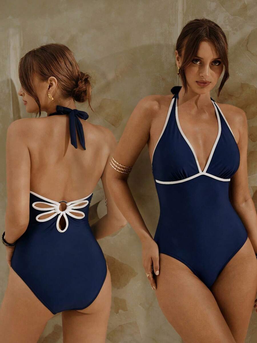 Swim Chiccia بدلة سباحة نسائية قطعة واحدة باللون الأزرق الداكن والأبيض مع طبعات زهرية وتصميم مفرغ، صيفية - أزرق بحري - مشاهدة 1