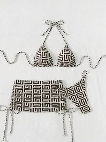 Swim SXY Spring Break Women's Summer Beach 3-Piece Set, Geometric Print Triangle Halter Bikini And Beach Skirt, Festival Boho - Multicolor - View 3