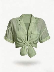 Swim Vcay Women's Simple Solid Color Front Button Short Sleeve Kimono Cover Up, Suitable For Summer Vacation - Olive Green - View 8