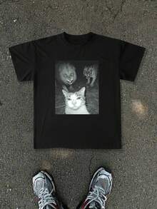 Manfinity ZONE917 Camiseta de manga corta con estampado de gato para hombre, camiseta casual de exterior para hombre - Negro - Ver 1