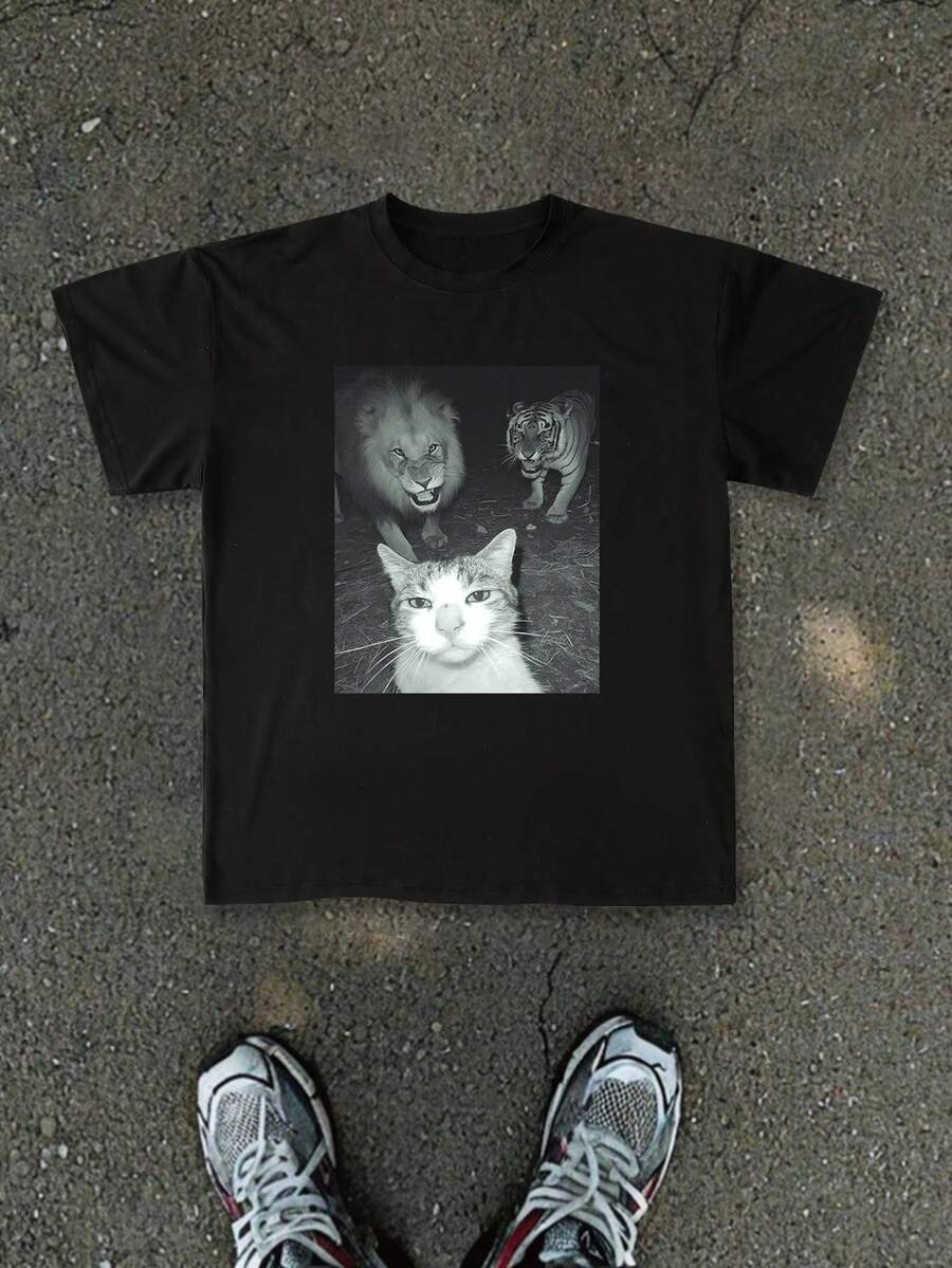 Manfinity ZONE917 Camiseta de manga corta con estampado de gato para hombre, camiseta casual de exterior para hombre - Negro - Ver 1