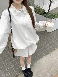 DAZY Women's Casual Loose Long Sleeve Jacket & Shorts 2 Pieces Set, Streetwear Style - White - View 6