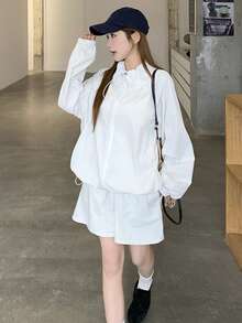 DAZY Women's Casual Loose Long Sleeve Jacket & Shorts 2 Pieces Set, Streetwear Style - White - View 7