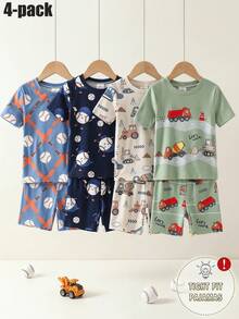SHEIN GraphicGems Bộ đồ ngủ 4 món cho bé trai, cổ tròn, tay ngắn, màu xanh dương và xanh navy, in hình gậy bóng chày hoạt hình khắp bộ, chất liệu co giãn, thoải mái, thích hợp mặc mùa hè. - Nhiều màu - Xem 1
