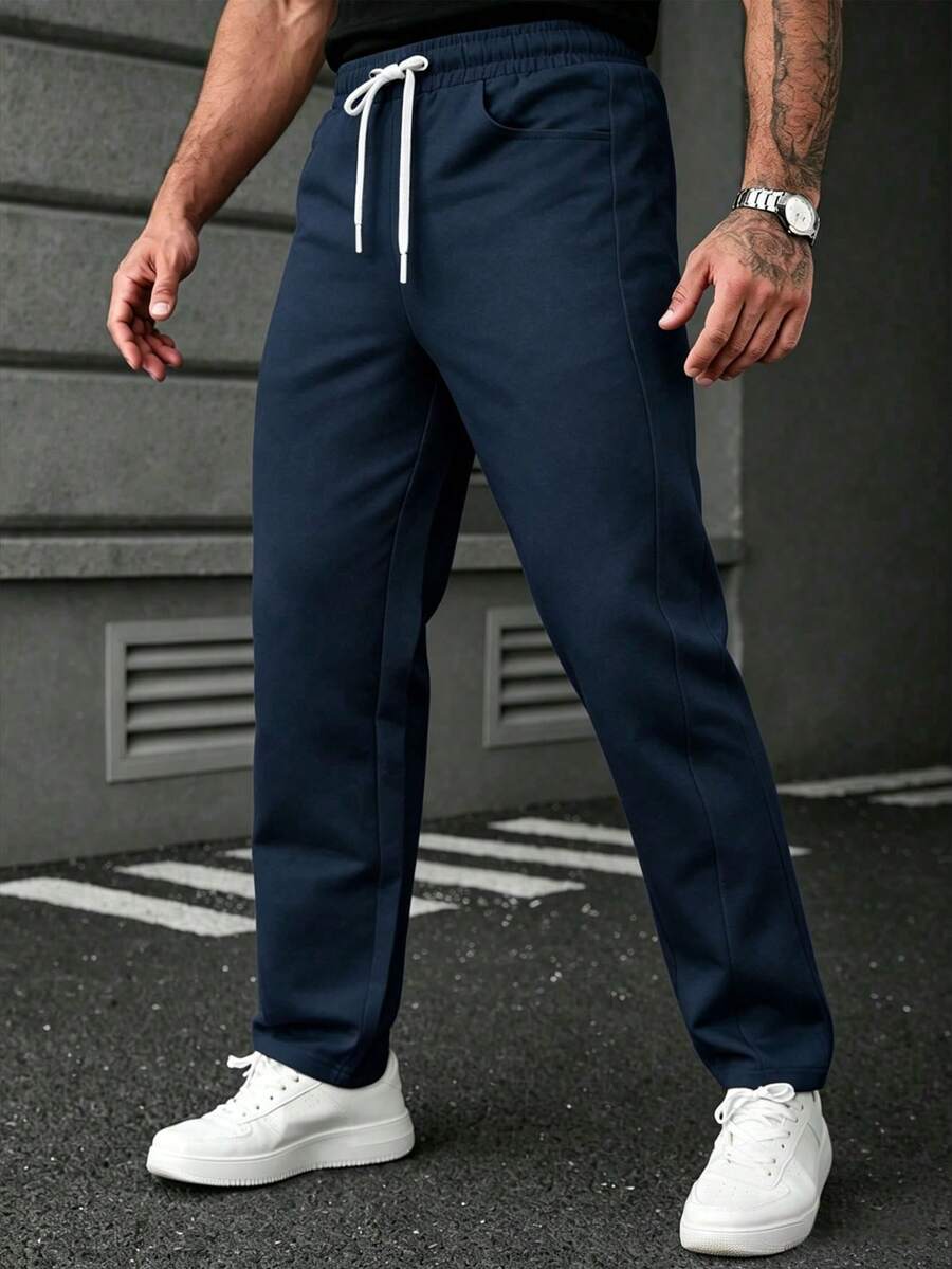 SLATEMANN Men's Drawstring Pants,Navy Blue,Autumn,Street Wear,City Break,Y2K Style Black Trousers,Comfortable Versatile Wardrobe Essential For Casual Outings - Navy Blue - View 1